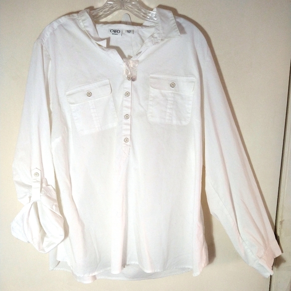 CATO WOMEN'S PLUS SIZE 18/20W WHITE STRETCH PULLOVER/BUTTON SHIRT 2 POCKETS + - Picture 1 of 5